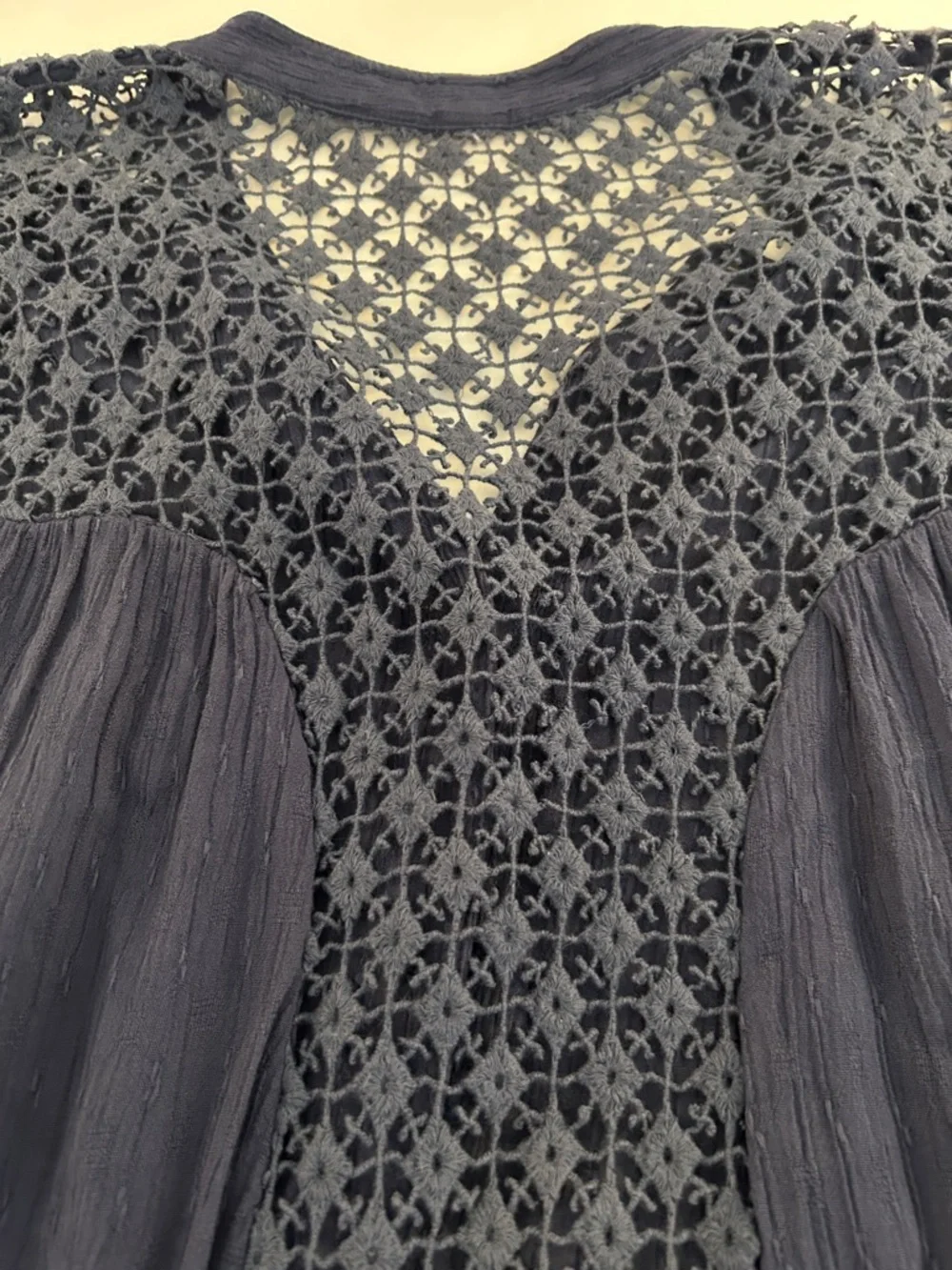 Free People The Best Blouse Lace Crochet Hi Lo Hem Long Sleeve Blue Top‎ Size L